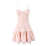 Purpdrank  Pink Embroidery Floral Bra Corset Style Sling Dress Women Cross Lacing up Back 2 Layers hem Party Skater Mini Dresses Robe
