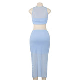 Purpdrank  Summer New Solid Color Sleeveless Mesh Splicing Short Tank Top High Waist Long Dress Women's Set