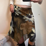 Purpdrank  Brown Floral Print Mesh Asymmetrical Skirt Low Rise Midi Skirts Woman Fall Fashion 2000s Clothing Y2k Clothing