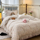 Purpdrank  French Floral Ruffles Princess Bedding Set Double Layer Yarn Pure Cotton Duvet Cover Set Pillowcases Flat/Fitted Bed Sheet 4Pcs