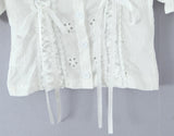 Purpdrank  Sweet White Embroidery Hollow Out Hole Splice Lace Peter Pan Collar Short Sleeve Shirt Women Ribbon Front Slim Crop Tops