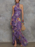Purpdrank   Summer Ruffle Draped Holiday Long Dress Women's Fashion Off Shoulder High Waist Party Dresses Purple Print Slim Irregular Dress