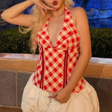 Purpdrank  Sexy Red Plaid Halter Collar Front Hook Buttons Slim Tank Top Women Bow Cross Bandage Lacing Up Back Zipper Camisole Summer Vest