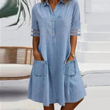 Purpdrank  Fashion Denim Women Dress Solid Color Mid Sleeves A Line Pattern Above Knee Stand Collar Casual Pocket Shirt Dress