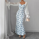 Purpdrank  European and American New Women's Clothing Women's Long Sleeve Chiffon Patchwork Knitted Printed Bodycon Maxi Dress