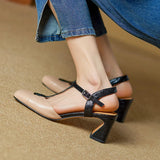 Purpdrank  Summer Women Shoes Genuine Leather Shoes for Women Square Toe Chunky Heel Women Sandals Retro Cover Toe Ankle Strap Shoes