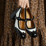 Purpdrank  New Patent Leather Mary Jane Women's Shoes LEISURE Buckle Shallow Pumps Square Toe Thick Heel Shoes Woman Zapatos De Mujer