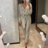 Purpdrank  Jumpsuit Women Sexy V Neck Sequins Long Sleeve Casual Belt Overalls Female High Waist Playsuit Elegant Ladies Party Club Romper