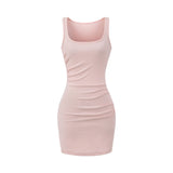 Purpdrank  Sexy U Collar Rib Knitted Cotton Short Tank Dress Women Ruched Waist Sleeveless Stretch Basic Package Hips Robe Vestido