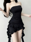 Summer Black Korean Fashion Sexy Dress Women Backless Designer Party Dress Female Ruffle Flounce Casual Vintage Dress New