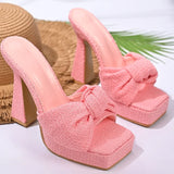 Purpdrank  Fashion Bow-Knot Thick Sole Slides Women New Style Square Toe High Heel Slippers Female Summer Plus Size Slip On Sandals Mujer