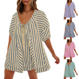 Purpdrank  Summer New Womens Fashionable Deep V-neck Tie Up Short Sleeved Striped Printed Jumpsuit Shorts Loose Casual Wide Leg Capris