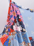 Purpdrank  BOHO Contrast Color Flower Print Midi Long Sling Dress Hippie Women Single-breasted Buttons Ruffles Hem Slit Robe Holiday