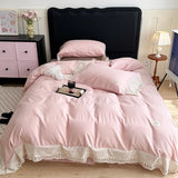Purpdrank  Vintage Plaid Pure Cotton double-layer yarn four-piece set French lace Bedding Set Duvet Cover Pillowcases Flat/Fitted Bed Sheet