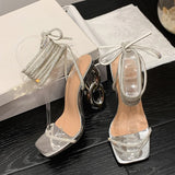 Purpdrank  Sexy Silver Crystal Ankle Cross Strap Sandals Women Elegant Wedding Banquet Shoes Fashion Square Open Toe Fretwork Heels