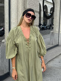 Purpdrank  Bandage Solid Women Dresses Full Sleeve V Neck Lady Dress 2025 Casual Street Lace Up A Line Loose Side Slit Female Robes