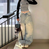 Purpdrank  Retro Light Blue Ripped Denim High Waist Wide Leg Floor-Length Pants Women's Elastic Straight Cut High Waist Jeans Autumn Hot Sa