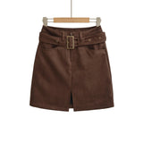 Purpdrank  New Autumn Sexy With Buckle Belt High Waist Suede Pencil Skirt for Women Above Knee Length Package Hips Front Slit Skirts Khaki