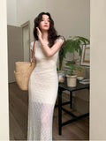 Purpdrank  Retro Fashion Beach Vacation Women's Waist Wrap Short Sleeve Chiffon Set Dress French Elegant Lady Mesh Sling Dress Set of Two