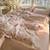 Purpdrank  Korean Style Girly Heart Floral Double Layer Gauze Four-Piece Set Princess Style Lace Trim Quilt Cover Bed Sheet Dormitory