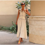 Purpdrank  Cotton Linen Contrast Dress Women Lapel Single Breasted Sleeveless Vestidos Female 2025 Spring Summer Chic High Waist Dresses