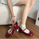 Purpdrank  Sring Autumn Women Mary Jane Shoes Fashion Butterfly-knot Dress Shoes Ladies Concise Outdoor Thick Heel Leather Shoes