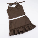 Purpdrank  Elegant Solid 2 Piece Outfit Women's Sexy Lace Trim V Front Sleeveless Halter Crop Top and Ruffles Mini Skirt Matching Set