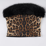 Purpdrank  Sequins Leopard 2 Piece Set for Women Fashion Furry Strapless Sleeveless Crop Tube Top and Mini Pencil Skirt Matching Suit