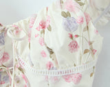 Purpdrank  Summer Puff Sleeve French Floral Printed Shirts Elastic Back Sexy Crop Tops Slim Short Top