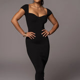 Purpdrank  Sexy Women Solid Square Collar Bodycon Dress Summer Short Sleeve Long Ribbed Dress Elegant Party Club Overalls