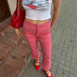 Purpdrank  Plaid Flared Pants Women Summer Slim Fit Elastic High Waist Cropped Trousers Casual Sweatpants y2k Clothes Streetwear