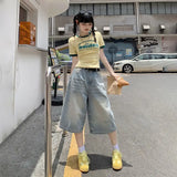 Purpdrank  Vintage High Waist Loose Wide Leg Jeans with Ripped Holes Retro American Style Loose Straight Denim Capri Pants for Women