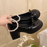 Purpdrank  Elegant Pearls Chain High Heels Mary Jane Shoes Women 2025 Bowknot Thick Heel Pumps Woman Round Neck Patent Leather Party Shoes