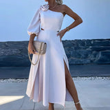 Purpdrank  Women Summer Skew Collar Loungewear Dress, Hollow Out Fashion Solid Elegant Maxi Dress, One Off Shoulder Patchwork Ladies Dress