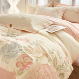 Purpdrank  Beige/Pink Flowers Butterfly Embroidery 100% Cotton Bedding Set Duvet Cover Set Bed Sheet/Fitted Sheet Pillowcases 4Pcs Bed Sets