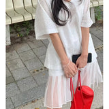 Purpdrank  Elegant Belt Black Mini Skirt Women Fashion White Mesh Patchwork Pleated Skirts Summer Harajuku Korean A Line Faldas New