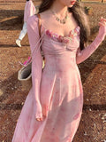 Purpdrank  Casual Light Pink Printed Sleeveless Dress Beach Fashion Y2K Vintage Chic Summer French Retro Elegant Chiffon Midi Dress Women