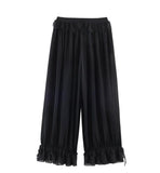 Purpdrank  Spring Summer Black Chiffon Lantern Pants Women Spliced Lace Elastic Waist Ruffles Cuff Long Loose Trousers Full Length Bottom