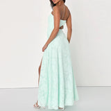 Purpdrank  Women Fashion Embroidery Party Dress Sexy Strapless Sleeveless Solid Evening Dress Elegant Split Slim Big Swing Long Dress