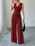 Purpdrank  Women's 2Pcs Red Date Night Front Buckle V-Shaped Hem Solid Button Front Vest Jacket & Seam Front Pants Two Piece Set