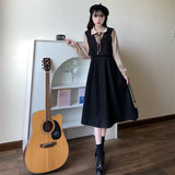 Purpdrank - Vintage Patchwork Dress Long Sleeve Spring Autumn Preppy Style Temperament Clothing Fake Two Piece Female Slim Women Dresses