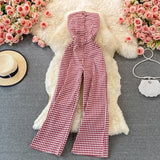 Purpdrank  Summer Fashion Casual Women's Black White Plaid Backless Slim Holiday High Waist Slip Wide Leg Pant Jumpsuit Versatile