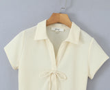 Purpdrank  CHIC Beige Polo Collar Bow Lapel V Waffle Knitted Short Sleeve Dress Women Slim Waist Spliced BUD Swing Short Dresses Robe