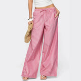 Purpdrank   Summer New Women's Vertical Striped Drawstring Wide Leg Pants Lightweight High Waist Casual Trousers Versatile Loose Fit Pants