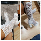 Purpdrank  Ladies Summer Boots Peep Toe Chunky Heels Lace Mesh Splice Big Size 33-43 Black Whiete Fashion Sexy S4036