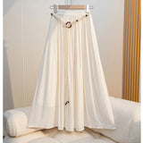 Purpdrank  High Waist Cotton and Linen Bohemian Women's Long Skirts Sashes 2025 New Spring Summer Vintage Solid Pleated Skirts
