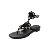 Purpdrank   Women's Black Cow Suede Low Heel Sandal Summer Fashion Studded Decor Thong Sandals Ankle Strap Slip-On Summer Beach Shoes