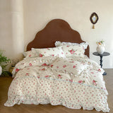 Purpdrank  Rustic Vintage French Rose Floral Ruffles 100% Cotton Bedding Set Duvet Cover Set Flat/Fitted Bed Sheet Pillowcases 4Pcs