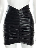Purpdrank  Elegant Solid PU Leather Ruched Bodycon Skirt for Women Fashion Office Lady Mini Skirt
