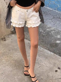 Purpdrank  White Ruffle Edge Denim Shorts Women's Summer Clothes New High Waist Fungus Lace A Word Commuter White Pants